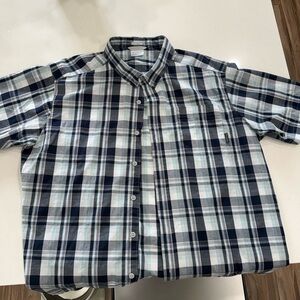 Men's Navy and White Plaid Short-Sleeve Button-Down Shirt